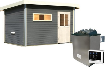 KARIBU Saunahaus »Schwanenburg«, 396x231x227 cm, mit Ofen - grau