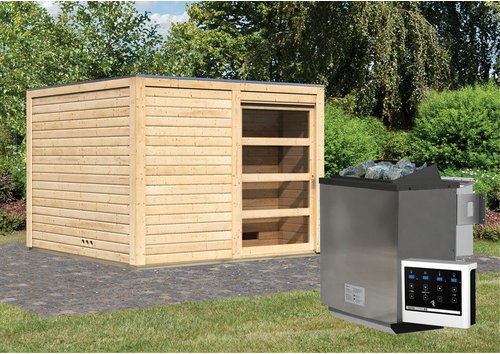 KARIBU Saunahaus »Kandau«, BxTxH: 276 x 276 x 210 cm, 9 kW Bio-Kombi-Ofen mit ext. Steuerung - beige