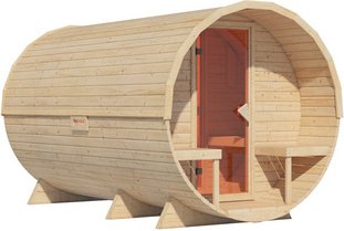 Thumbnail - KARIBU Fasssauna »Lauvas 3«, 224x389x229 cm, naturbelassen - braun