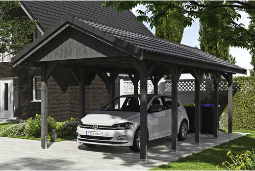 SKANHOLZ Carport »Wallgau«, BxT: 380 x 750 cm, Firsthöhe: 313 cm, lasiert - grau