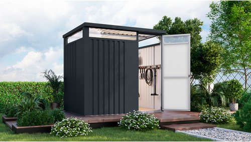 KARIBU Gartenhaus »Osten 1,5«, BxHxT: 229 x 218 x 15 cm(Außenmaße inkl. Dachüberstand), Wandstärke 0,5 mm - grau