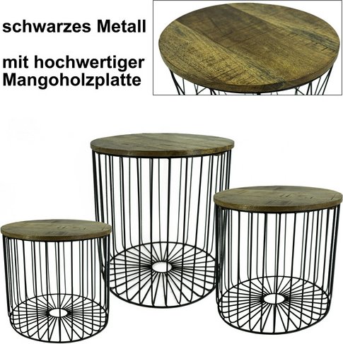 NOOR living Beistelltisch-Set, BxH: 39,5 x 43,5 cm, Metall/Mangoholz - schwarz | braun