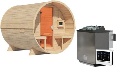 KARIBU Fasssauna »Lauvas 2«, 224x299x229 cm, mit 9 kW Ofen Bio, externe Steuerung - braun