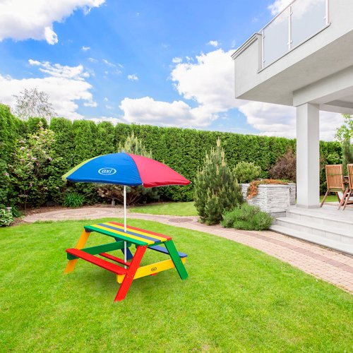 AXI Kinderpicknicktisch, 4 Sitzplätze, Holz/Hemlockholz - blau | rot | gruen | gelb