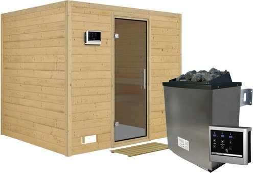 KARIBU Sauna »Paldiski«, inkl. 9 kW Saunaofen mit externer Steuerung, für 4 Personen - beige
