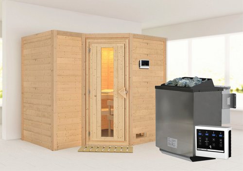 KARIBU Sauna »Riga 2«, inkl. 9 kW Bio-Kombi-Saunaofen mit externer Steuerung, für 4 Personen - beige