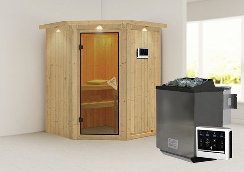 KARIBU Sauna »Tartu«, inkl. 9 kW Bio-Kombi-Saunaofen mit externer Steuerung, für 3 Personen - beige