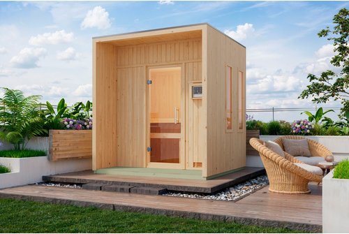 KARIBU Saunahaus »Hara«, BxTxH: x 219,5 x 216,5 x 244 cm, 9 kW Ofen, für 4 Personen - braun