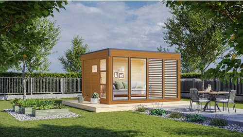 WOLFF FINNHAUS Gartenhaus »Finn Cube Typ 3«, Holz, BxT: 429 x 328 cm (Außenmaße inkl. Dachüberstand) - braun