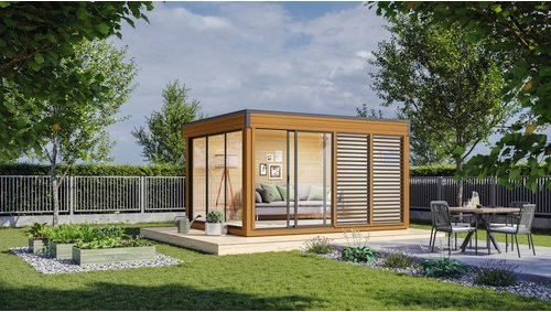 WOLFF FINNHAUS Gartenhaus »Finn Cube Typ 1«, Holz, BxT: 429 x 328 cm (Außenmaße inkl. Dachüberstand) - braun