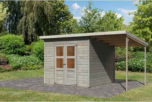 KARIBU Gartenhaus »Merseburg 6«, BxHxT: 426 x 219 x 240 cm (Außenmaße inkl. Dachüberstand), Wandstärke 14 mm - grau