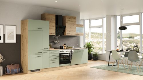 Flex-Well Küchenzeile »Cara«, mit E-Geräten, Gesamtbreite: 310 cm, Dekor: Schilfgrün matt / Artisan Eiche - gruen