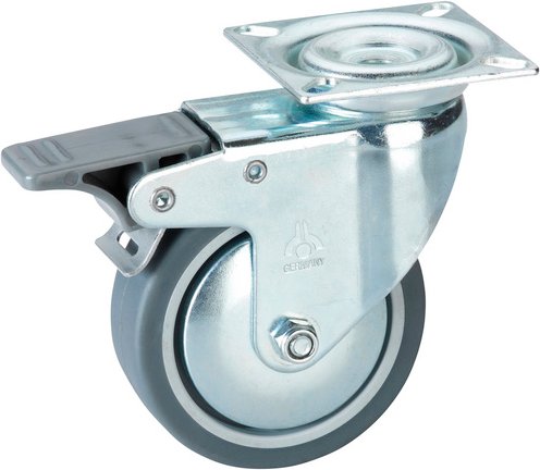 DÖRNER+HELMER Lenkrolle mit Platte und Totalfeststeller, Thermoplastischer Kunststoff (TPE), silberfarben