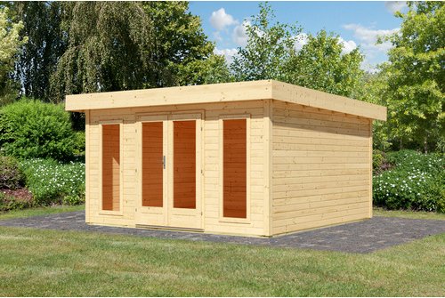 KARIBU Gartenhaus »Lotus«, BxHxT: 444 x 238 x 393 cm (Außenmaße inkl. Dachüberstand), Wandstärke 38 mm - braun