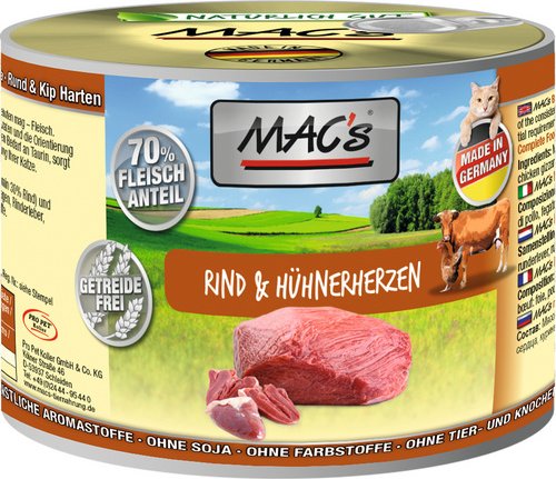 MAC'S Katzen-Nassfutter, Rind/Geflügelherz, 6 x 200 g