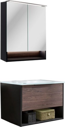 FACKELMANN Badmöbel-Set »B.Paris«, 705 mm, mit Spiegelschrank, Schwarz/Rigoletto, mit Glaswaschbecken - braun
