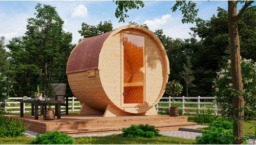 KARIBU Fasssauna »Lauvas 1«, 224x178x229 cm, mit 9 kW Ofen 9kW, integrierte Steuerung - braun