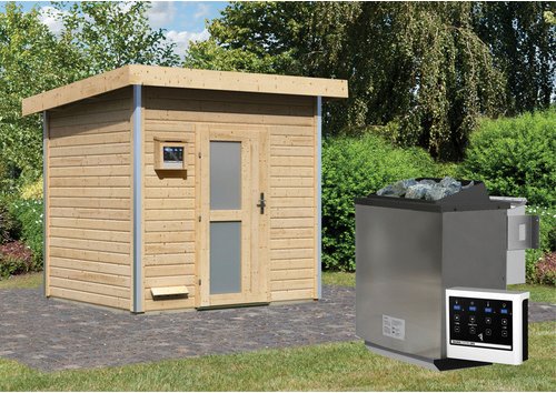 KARIBU Saunahaus »Segewold«, BxTxH: 231 x 196 x 238 cm, 9 kW Bio-Kombi-Ofen mit ext. Steuerung - beige