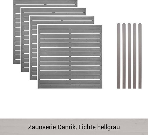Mr. GARDENER Zaunset »Danrik«, 9er Set: 4 Grundelemente, 5 Pfosten, Fichte, lasiert - grau