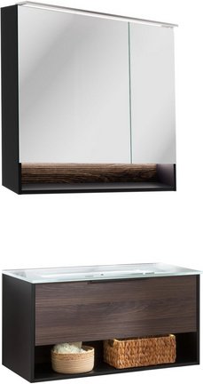 FACKELMANN Badmöbel-Set »B.Paris«, 905 mm, mit Spiegelschrank, Schwarz/Rigoletto, mit Glaswaschbecken - braun