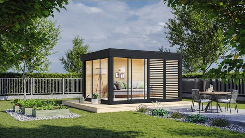 WOLFF FINNHAUS Gartenhaus »Finn Cube Typ 1«, Holz, BxT: 429 x 328 cm (Außenmaße inkl. Dachüberstand) - grau