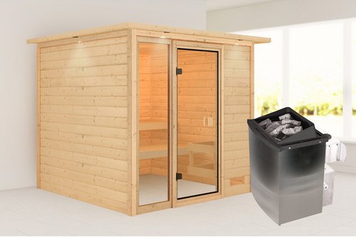 KARIBU Sauna »Pedeli«, BxTxH: 224 x 210 x 191 cm, 9 kW Ofen mit interne Steuerung , für 3 Personen - beige