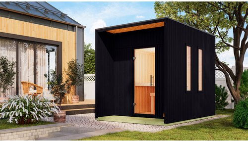 KARIBU Saunahaus »Peipussee«, BxTxH: x 219,5 x 287,5 x 244 cm, 9 kW Ofen, für 5 Personen - schwarz