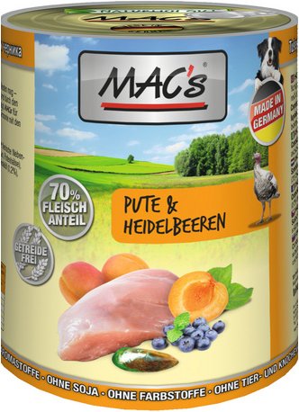 MAC'S Hunde-Nassfutter, Pute/hEidelbeere, 6 Dosen
