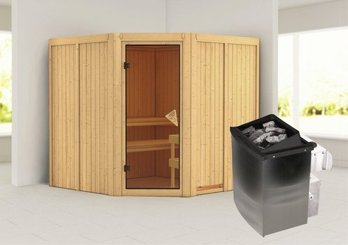 KARIBU Sauna »Vöru«, inkl. 9 kW Saunaofen mit integrierter Steuerung, für 4 Personen - beige