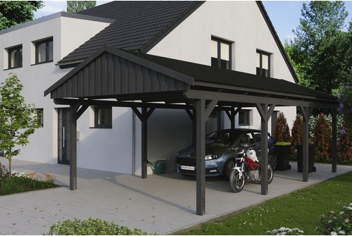 SKANHOLZ Carport »Fichtelberg«, BxT: 423 x 808 cm, Firsthöhe: 326 cm, lasiert - grau