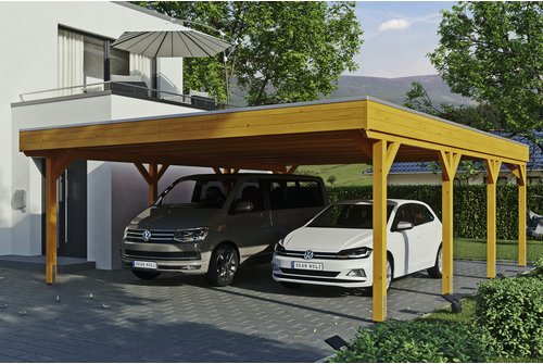 SKANHOLZ Carport »Grunewald«, BxT: 622 x 796 cm, Firsthöhe: 255 cm, lasiert - beige