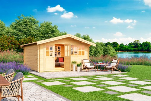 Mr. GARDENER Blockbohlenhaus »Isar«, BxT: 424 x 443 cm (Aufstellmaße), Satteldach, Wandstärke 34mm - beige