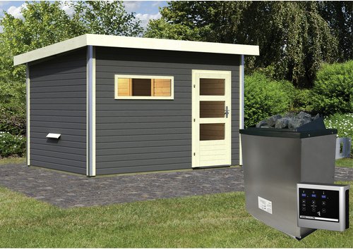 KARIBU Saunahaus »Schwanenburg 2«, BxTxH: 337 x 231 x 239 cm, 9 kW Ofen mit ext. Steuerung - grau