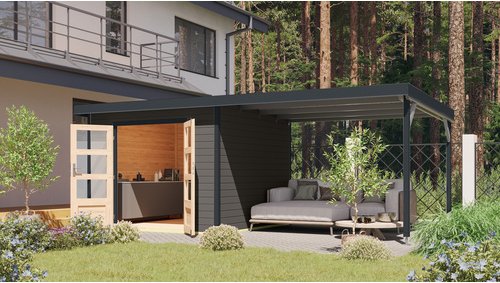 KARIBU Gartenhaus »Haby B«, Außenmaß (BxHxT): 574 x 218,5 x 271 cm, terragrau/anthrazit, Anbaudach 3m