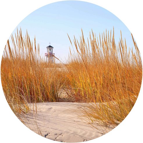 K&L Wall Art Vliestapete »Runde Vliestapete«, Leuchtturm Strand Schilf, mehrfarbig, matt - bunt