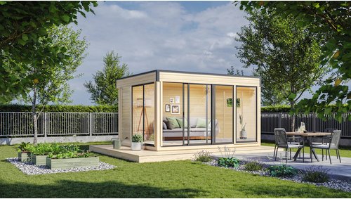 WOLFF FINNHAUS Gartenhaus »Finn Cube Typ 2«, Holz, BxT: 429 x 328 cm (Außenmaße inkl. Dachüberstand) - braun