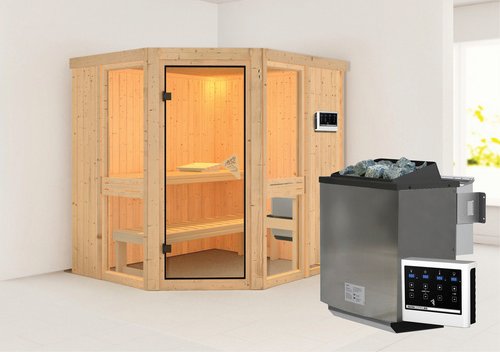 KARIBU Sauna »Pölva 1«, inkl. 9 kW Bio-Kombi-Saunaofen mit externer Steuerung, für 3 Personen - beige