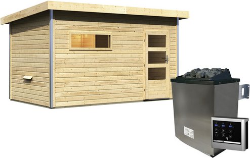 KARIBU Saunahaus »Schwanenburg 3«, BxTxH: 393 x 231 x 239 cm, 9 kW Ofen mit ext. Steuerung - beige