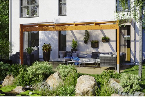 SKANHOLZ Terrassenüberdachung »Novara«, Breite: 557 cm, Dach: Polycarbonat (PC), eiche hell - braun