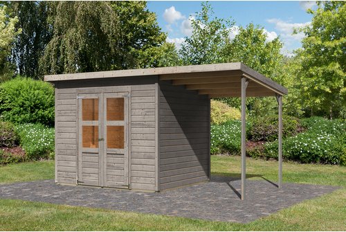 KARIBU Gartenhaus »Merseburg 5«, BxHxT: 426 x 219 x 210 cm (Außenmaße inkl. Dachüberstand), Wandstärke 14 mm - grau