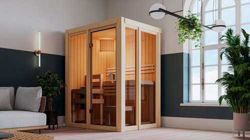 KARIBU Sauna »Juminda«, BxTxH: 155 x 122 x 198 cm, 3,6 kW Ofen mit interne Steuerung , für 2 Personen - beige