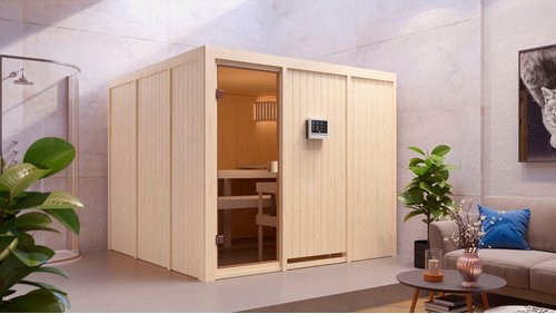 KARIBU Sauna »Laisholm«, BxTxH: 231 x 231 x 198 cm, 9 kW Ofen mit externe Steuerung, für 4 Personen - beige