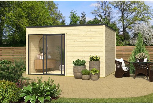 Mr. GARDENER Gartenhaus »Kubus«, BxT: 400 x 300 cm (Aufstellmaß), Flachdach, inkl. Fußboden - beige