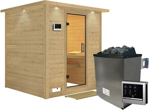 KARIBU Sauna »Sindi«, inkl. 9 kW Saunaofen mit externer Steuerung, für 4 Personen - beige