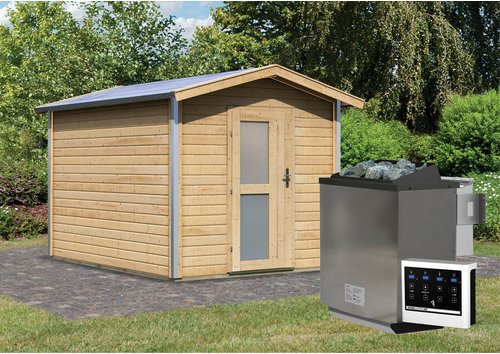 KARIBU Saunahaus »Goldingen«, BxTxH: 231 x 273 x 235 cm, 9 kW Bio-Kombi-Ofen mit ext. Steuerung - braun