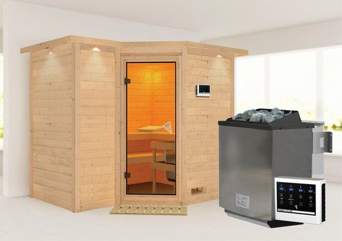 KARIBU Sauna »Riga 2«, inkl. 9 kW Bio-Kombi-Saunaofen mit externer Steuerung, für 4 Personen - beige