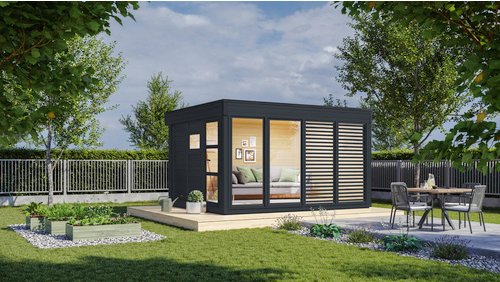 WOLFF FINNHAUS Gartenhaus »Finn Cube Typ 3«, Holz, BxT: 429 x 328 cm (Außenmaße inkl. Dachüberstand) - grau