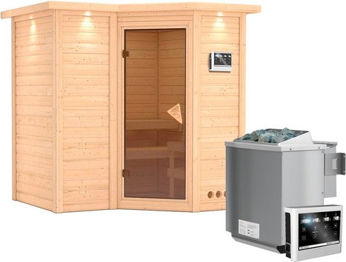 KARIBU Sauna »Riga 1«, inkl. 9 kW Bio-Kombi-Saunaofen mit externer Steuerung, für 3 Personen - beige