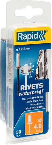 RAPID Blindniete, Ø 4,0 x 16 mm, Aluminium, 50 Stk., inkl. passender Bohrer - silberfarben