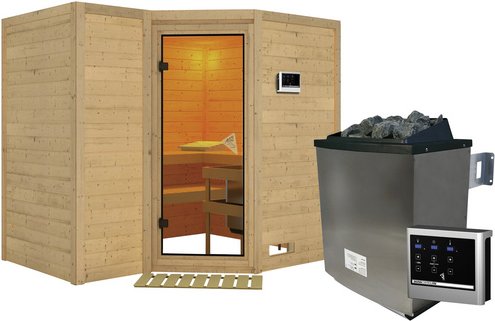 KARIBU Sauna »Riga 2«, inkl. 9 kW Saunaofen mit externer Steuerung, für 4 Personen - beige